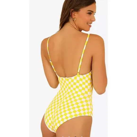 Dippin' Daisy's Bliss Swim One Piece Swimsuit Yellow Checkers Plaid Size Small - Picture 2 of 6